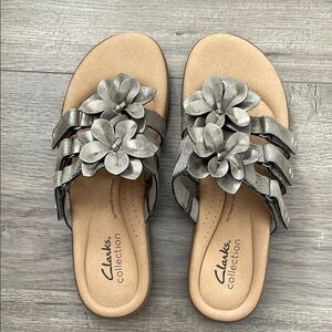 Clarks Silver Floral Sandals with Layered Design